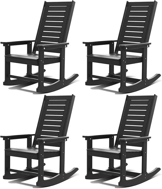 GREENVINES Outdoor Rocking Chairs | Set of 4 | Porch Rocker | HDPE Plastic | Black | Oversized Rockers | High Back | Big & Tall | Ladder Back | for Patio Outside Backyard Balcony Garden