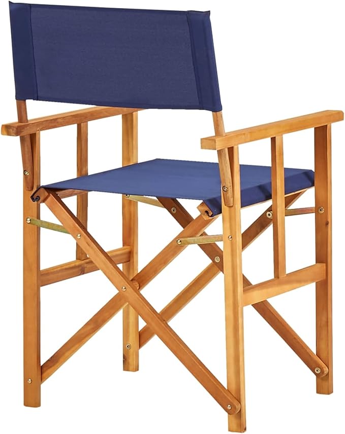 Garden Bench, Stylish Folding Chair, Solid Acacia Wood, Blue Polyester Fabric for Outdoor Terrace, Bar, Dining, Leisure
