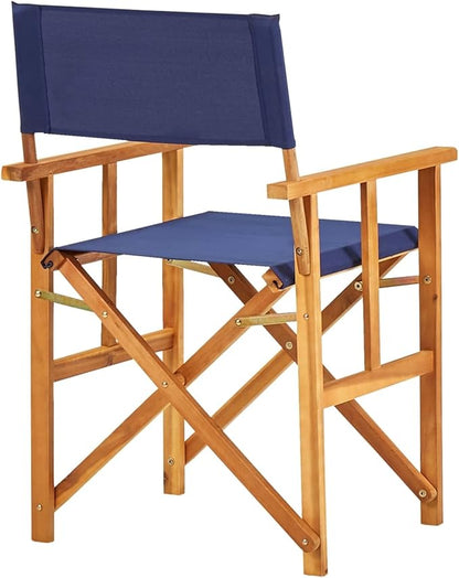 Garden Bench, Stylish Folding Chair, Solid Acacia Wood, Blue Polyester Fabric for Outdoor Terrace, Bar, Dining, Leisure