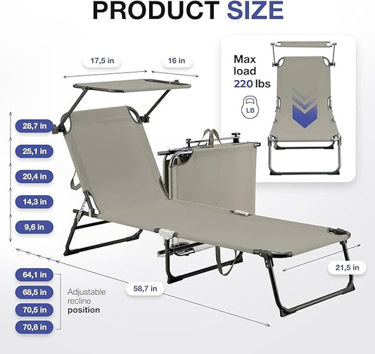 Folding Outdoor Lounge Chair Set of 2 with Adjustable Shade Canopy, Portable Sun Tanning Chairs, Gray (1, Taupe)