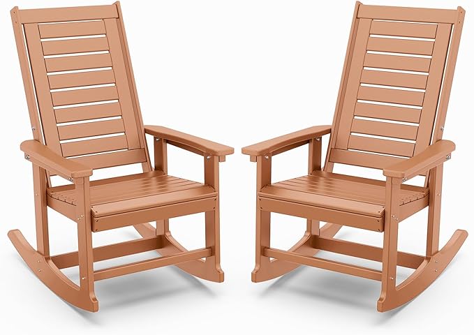 IVY&LANE Outdoor Rocking Chairs Set of 2 | Porch-Rockers | Teak | HDPE Plastic | All-Weather | High Back | Wide Seat | Oversized Patio Rocker for Adult | for Outside Deck Balcony Garden