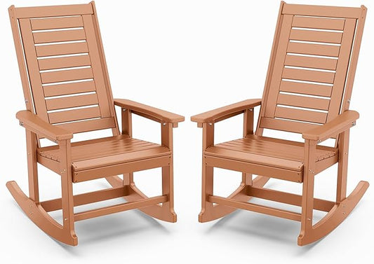 IVY&LANE Outdoor Rocking Chairs Set of 2 | Porch-Rockers | Teak | HDPE Plastic | All-Weather | High Back | Wide Seat | Oversized Patio Rocker for Adult | for Outside Deck Balcony Garden