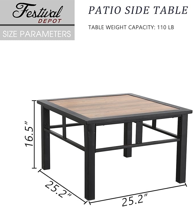 Festival Depot Patio Coffee Table Square Metal Table with Wood Grain Tabletop All Weather Outdoor Furniture for Deck Porch Garden (25.2" x 25.2" x 16.5")