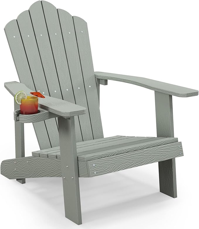 Tangkula Oversized Adirondack Chair, Patio Lounge Chairs w/Adjustable Cup Holder, HIPS Armchairs Slatted Chair, Outdoor Weather Resistant Fire Pit Chair for Deck Backyard Garden Porch (1, Light Grey)