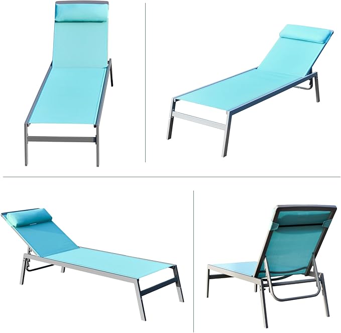 Domi Patio Chaise Lounge Set, Aluminum Pool Lounge Chairs with 5 Adjustable Position, Breathable Textilene Fabric, Sunbathing Pool Chairs with Headrest and Side Table, Turquoise Blue