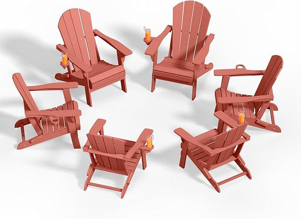 Folding Adirondack Chairs with Cup Holders, Set of 6 HDPE Plastic Outdoor Chairs, Weather Resistant, Real Wood Look - Photo 1