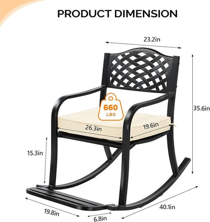 VINGLI Metal Rocking Chair, Outdoor Rocking Bench with Cushion, Patio Rocker with Footrest, Weatherproof Rocking Chair for Outside, Patio, Garden, Hole Backrest