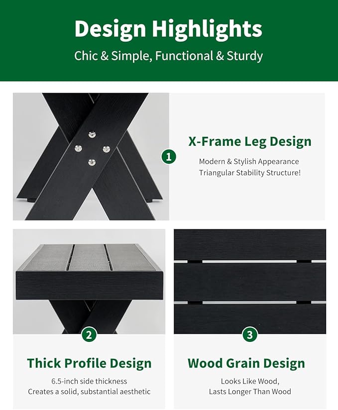 44.5" HIPS Outdoor Bench, X-Shaped Modern Backless Garden Bench, All Weather Patio Bench with Wood Grain Texture, Easy Assembly for Garden, Porch, Backyard & Park-Wood-Grain Black