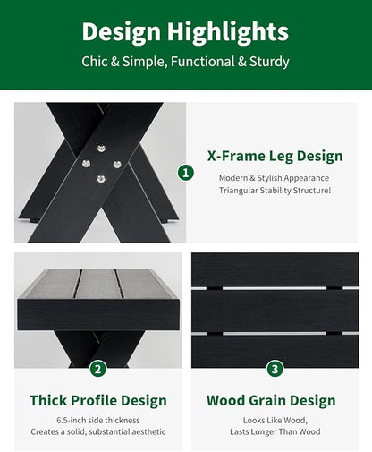 44.5" HIPS Outdoor Bench, X-Shaped Modern Backless Garden Bench, All Weather Patio Bench with Wood Grain Texture, Easy Assembly for Garden, Porch, Backyard & Park-Wood-Grain Black