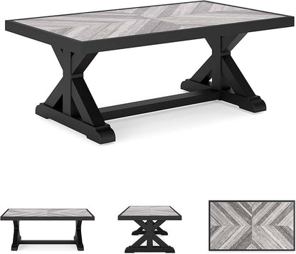 Signature Design by Ashley Beachcroft Farmhouse Weather and Rust Resistant Outdoor Coffee Table with Porcelain Tabletop, Black & Light Gray