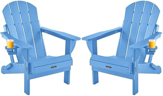 Ciokea Folding Adirondack Chairs Set of 2, Patio Adirondack Chair Weather Resistant, Plastic Fire Pit Chair with Cup Holder, Lawn Chair for Outdoor Porch Garden Backyard Deck, Baby Blue