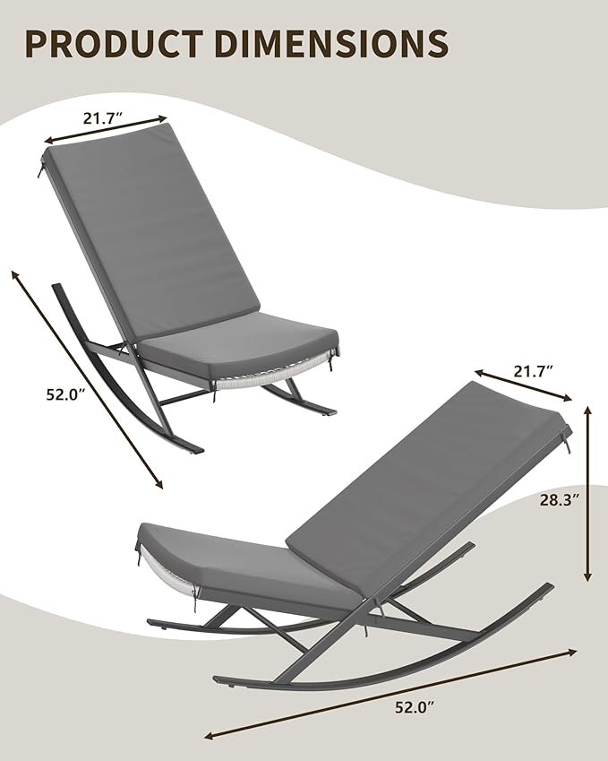 GarveeLife Outdoor Rocking Lounge Chair Set of 2, Patio Chaise Lounge with Removable Cushion for Napping Relaxing, Indoor Reclining Papasan Rocker Chair, Grey