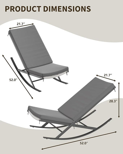 GarveeLife Outdoor Rocking Lounge Chair Set of 2, Patio Chaise Lounge with Removable Cushion for Napping Relaxing, Indoor Reclining Papasan Rocker Chair, Grey