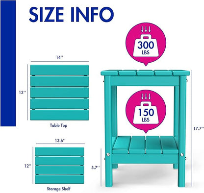 BRIOPAWS Outdoor-Side-Table | Small | HDPE Plastic | Patio End-Table | 2-Shelf Adirondack Outside Tables | All Weather | for Poolside Front Porch Indoor Living Room | 14" x 13" | Aqua