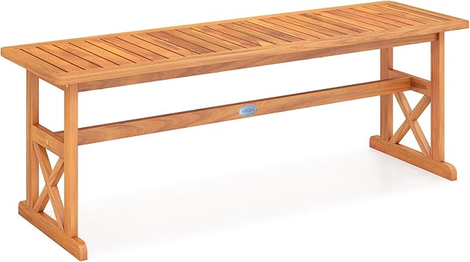 HAPPYGRILL Acacia Wood Outdoor Bench for 2-3 People, Patio Bench with Slatted Seat & X-Shaped Frame, for Porch Garden Backyard and Park (1)