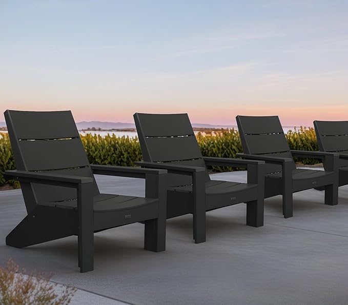 Adirondack Chair, All-Weather HIPS Plastic Outdoor Sitting for Patio, Fire Pit, Garden (Modern Black)