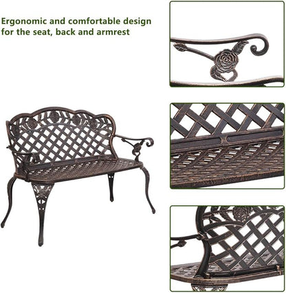 Ochine Patio Garden Bench Outdoor Furniture Metal Rose Loveseat Benches Cast Aluminum Front Porch Chair Seat Rose Carving Antique Bronze for Patio, Park, Lawn, Deck (Ship from USA)