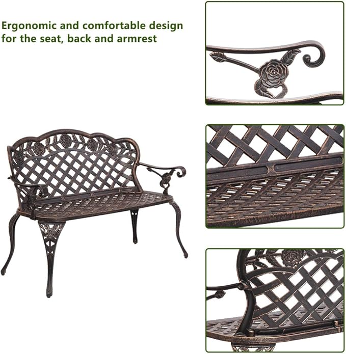 DANGRUUT Best Outdoor Metal Garden Bench, 42.5" Durable Aluminium Park Rose Bench, Antique Finish Chair 2-Person Seat for Patio Yard Deck Furniture, Load Capacity 530lbs, Bronze