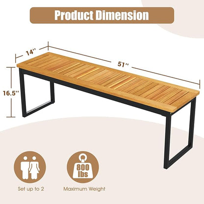 HAPPYGRILL Acacia Wood Patio Dining Bench Set of 2, Outdoor Bench with U-Shaped Metal Legs, Adjustable Foot Pads, 800 LBS Farmhouse Bistro Bench for Dining Room, Garden, Poolside