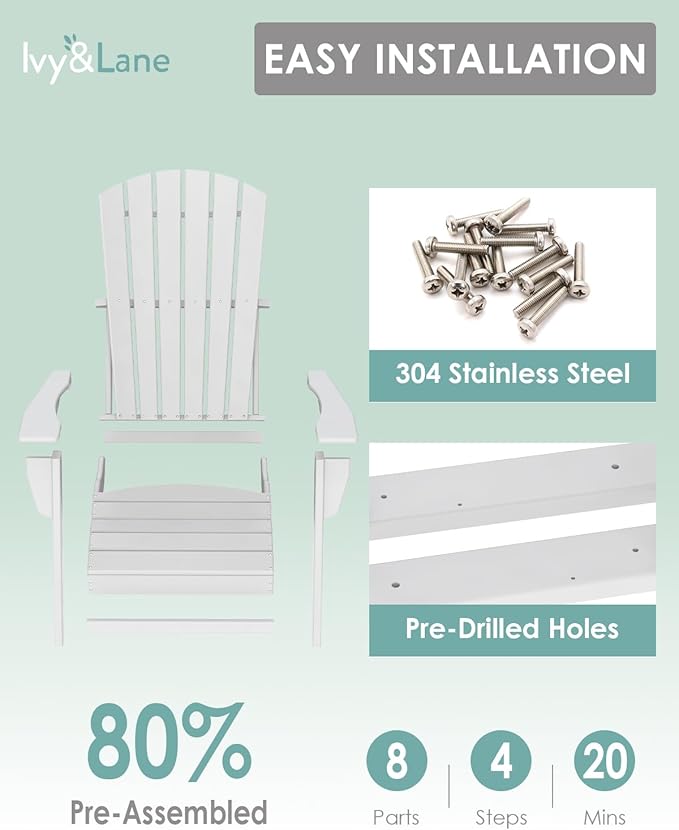 IVY&LANE Adirondack Chairs Set of 2 | HDPE Plastic | Outdoor Fire Pit Chairs | Oversized | All-Weather | White | for Outside Deck Backyard Patio Poolside Porch Lawn