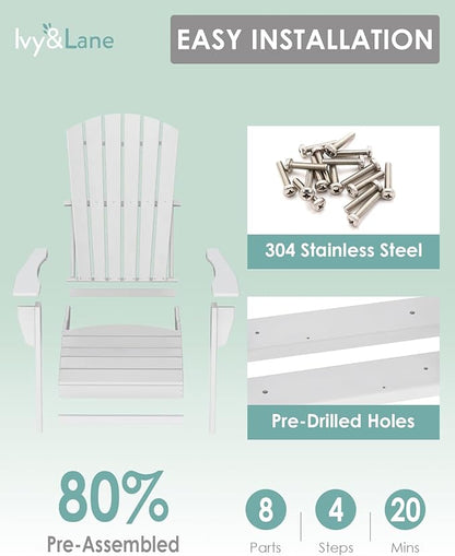 IVY&LANE Adirondack Chair | HDPE Plastic | Outdoor Fire Pit Chairs | Oversized | All-Weather | White | for Outside Deck Backyard Patio Poolside Porch Lawn