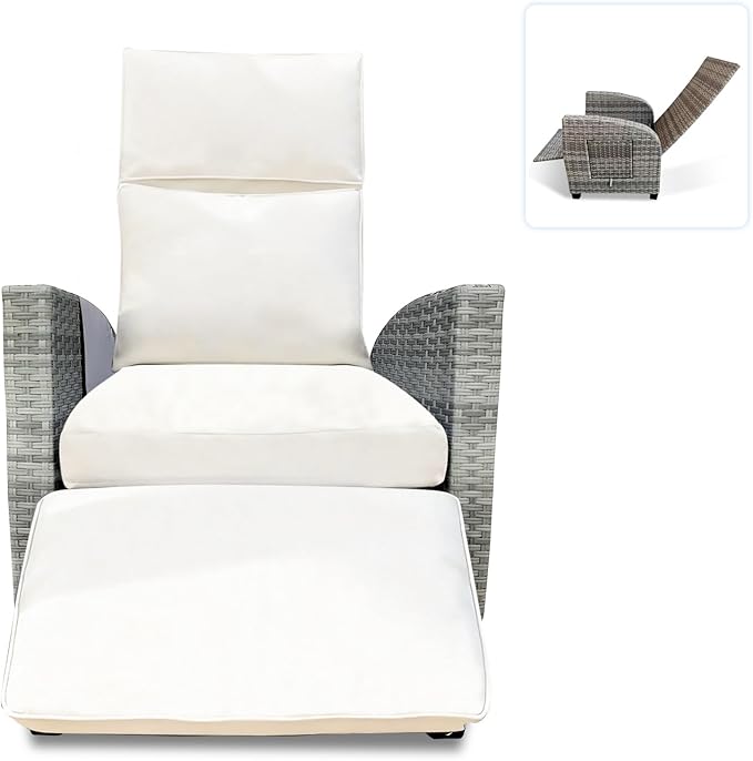 Wicker Outdoor Recliner | Outdoor Recliner Chair | Patio Recliner Chair with 4" Thick Cushion, Adjustable Backrest & Footrest, Flip-up Table & Side Pocket For Patio, Outdoor & Indoor (Gray&Beige)