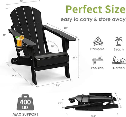 Folding Adirondack Chairs, Plastic Outdoor Patio Chairs with Cup Holder, Wood-Textured with Large Seat for Poolside Backyard Lawn, Black