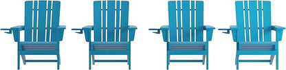 Flash Furniture Halifax Adirondack Chairs with Cup Holders, Weather Resistant Poly Resin Adirondack Chairs, Set of 4, Blue