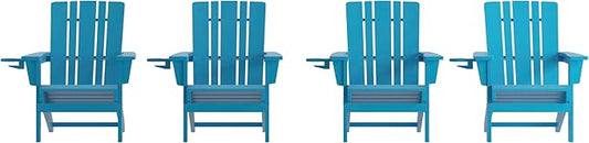 Flash Furniture Halifax Adirondack Chairs with Cup Holders, Weather Resistant Poly Resin Adirondack Chairs, Set of 4, Blue