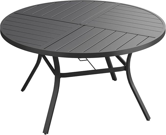 Patio Dining Table for 6-8, Round Metal Outdoor Table with Storage Shelf, 1.57" Umbrella Hole, 53" Outdoor Quartered Tabletop Dining Table for Backyard, Porch, Lawn, Black