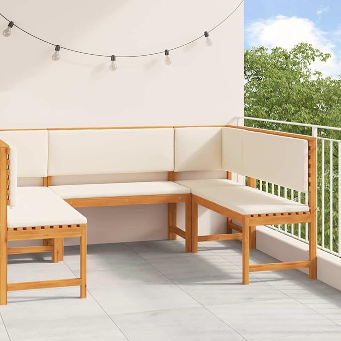 5-Piece Solid Acacia Wood Garden Bench Set in Brown, Outdoor Patio Furniture with Finished Back Design, Rustic Rectangular Seating for Terrace and Lawn, Durable