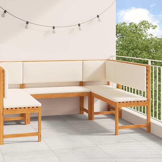 5-Piece Solid Acacia Wood Garden Bench Set in Brown, Outdoor Patio Furniture with Finished Back Design, Rustic Rectangular Seating for Terrace and Lawn, Durable