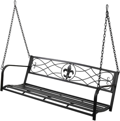Porch Swing Hanging Bench Metal Porch Swing Outdoor Patio Furniture Iron Swing Chair Heavy Duty Steel Black Porch Swing Hanging Chair Porch Swings for Garden, Yard, Deck, Backyard(Not Included Stand)