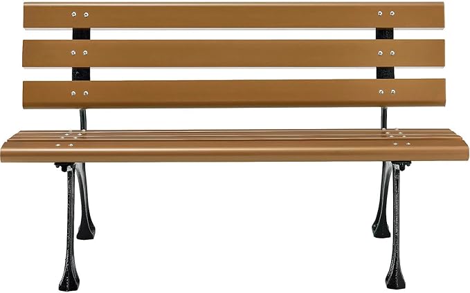 Global Industrial 4'L Outdoor Park Bench with Backrest, Recycled Plastic Slats, Wrought Iron Frame, 1100 lbs Capacity, Tan, Surface Mount, Easy Assembly