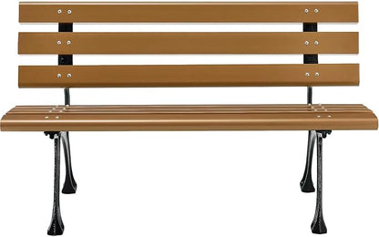 Global Industrial 4'L Outdoor Park Bench with Backrest, Recycled Plastic Slats, Wrought Iron Frame, 1100 lbs Capacity, Tan, Surface Mount, Easy Assembly