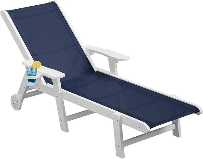 Outdoor Chaise Lounge Chair with Textilene Surface, 5-Position Adjustable Pool Lounge Chair with Wheels & Cup Holder - Photo 1