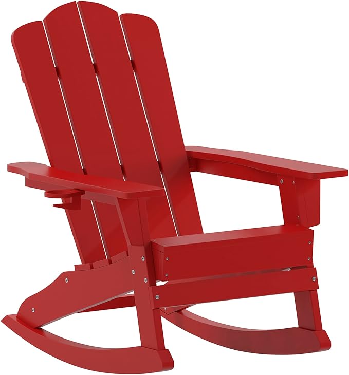 Flash Furniture Newport Adirondack Rocking Chair with Cup Holder, Weather Resistant Poly Resin Adirondack Rocking Chair, Red