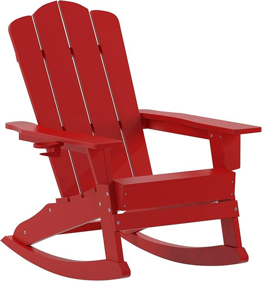 Flash Furniture Newport Adirondack Rocking Chair with Cup Holder, Weather Resistant Poly Resin Adirondack Rocking Chair, Red