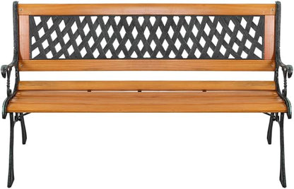 VINGLI 49.5" Outdoor Garden Bench,Deck Hardwood Cast Iron Wood Bench Chair for Patio Front Porch Path Yard Lawn