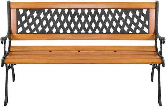 VINGLI 49.5" Outdoor Garden Bench,Deck Hardwood Cast Iron Wood Bench Chair for Patio Front Porch Path Yard Lawn