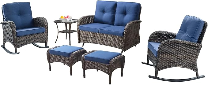 Belord 6 Pieces Outdoor Patio Furniture Set with Wicker Rocking Chairs, Rattan Patio Conversation Set with Glider Loveseat Ottomans and Side Table Brown/Blue