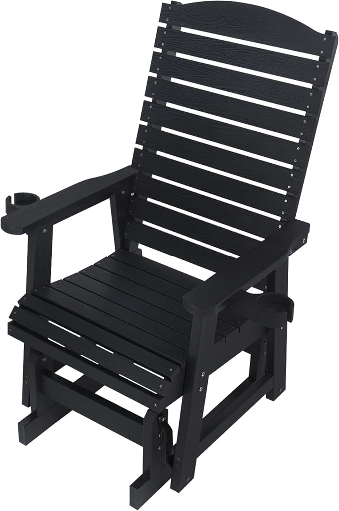 Poly Lumber Patio Glider for One Person, with Cup Holders, High Backrest and Deep Contoured Seat, HIPS Material, All-Weather Resistant, Heavy Duty 700 Pounds (Black)