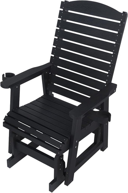 Poly Lumber Patio Glider for One Person, with Cup Holders, High Backrest and Deep Contoured Seat, HIPS Material, All-Weather Resistant, Heavy Duty 700 Pounds (Black)