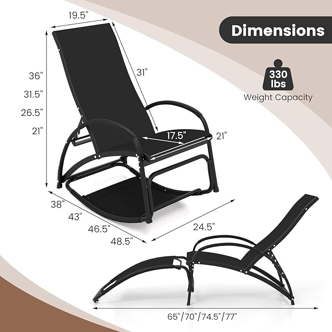 Tangkula Outdoor Rocking Chair Set of 2, 2-in-1 Convertible Lounge Chair with 4-Level Adjustable Backrest, Heavy-Duty Aluminum Frame, Patio Sun Lounger Rocker for Porch, Poolside, Backyard, Garden