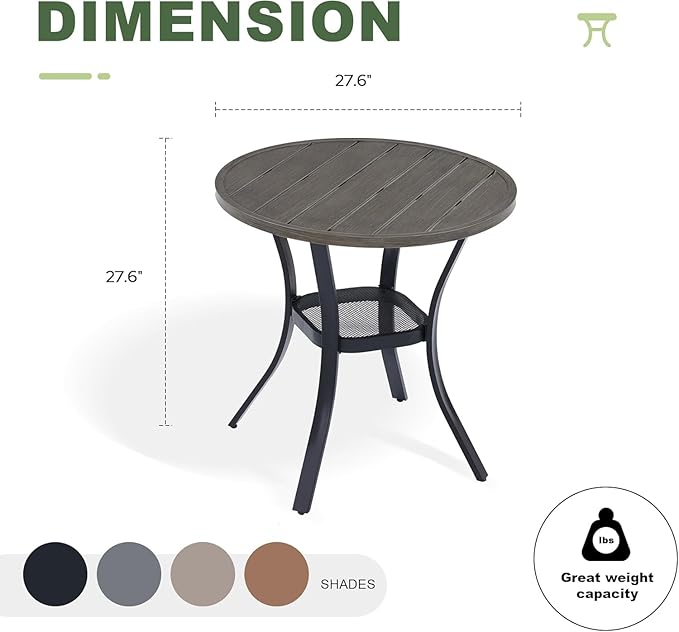 Outdoor Dining Table with Storage Shelf, 28" All-Weather Round Patio Dining Table for 2, Metal Patio Table for Garden Lawn Porch Deck Yard, Grey