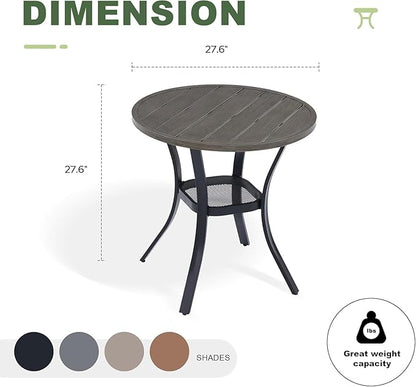Outdoor Dining Table with Storage Shelf, 28" All-Weather Round Patio Dining Table for 2, Metal Patio Table for Garden Lawn Porch Deck Yard, Grey