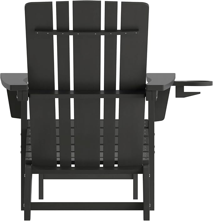 Flash Furniture Halifax Poly Resin Adirondack Chair with Cup Holder and Pull Out Ottoman, All-Weather Poly Resin Indoor/Outdoor Lounge Chair, Set of 2, Black