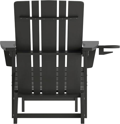 Taylor & Logan Hedley Adirondack Chair with Cup Holder and Pull Out Ottoman, All-Weather HDPE Indoor/Outdoor Lounge Chair in Black, Set of 2