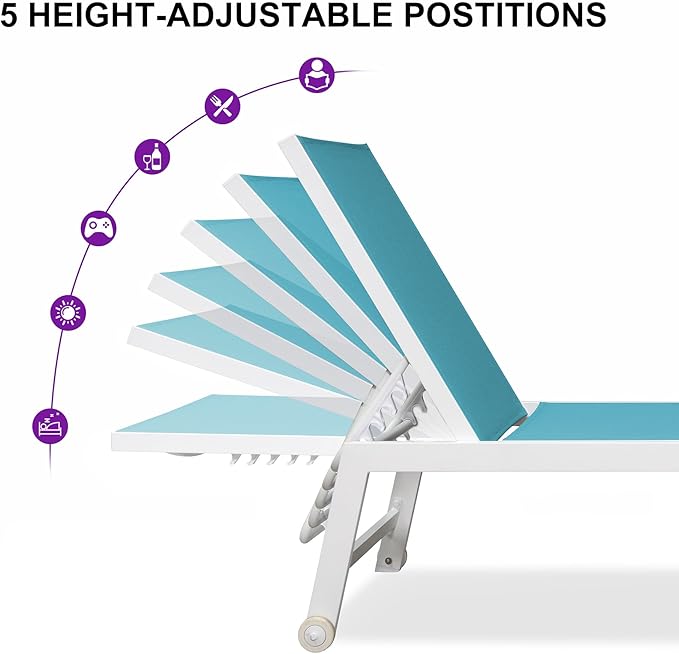 PURPLE LEAF Oversize Chaise Lounge Chair Outdoor 2 Pieces White Aluminum Lounge Chair with Wheels and Table for Pool Deck Patio, Turquoise
