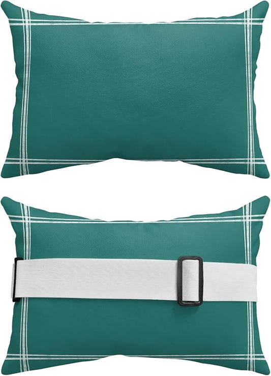 T&H XHome Outdoor Pillow for Chaise Lounge Chair, Solid Color Dark Cyan Waterproof Headrest Pillow Lumbar Pillows with Insert & Adjustable Elastic Strap for Beach, Poolside, Patio, Office (2 Pack)